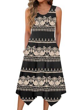 🆕Womens Ethnic Print Summer Tank Dress Loose Flowy Beach Dress Flare Midi Dress